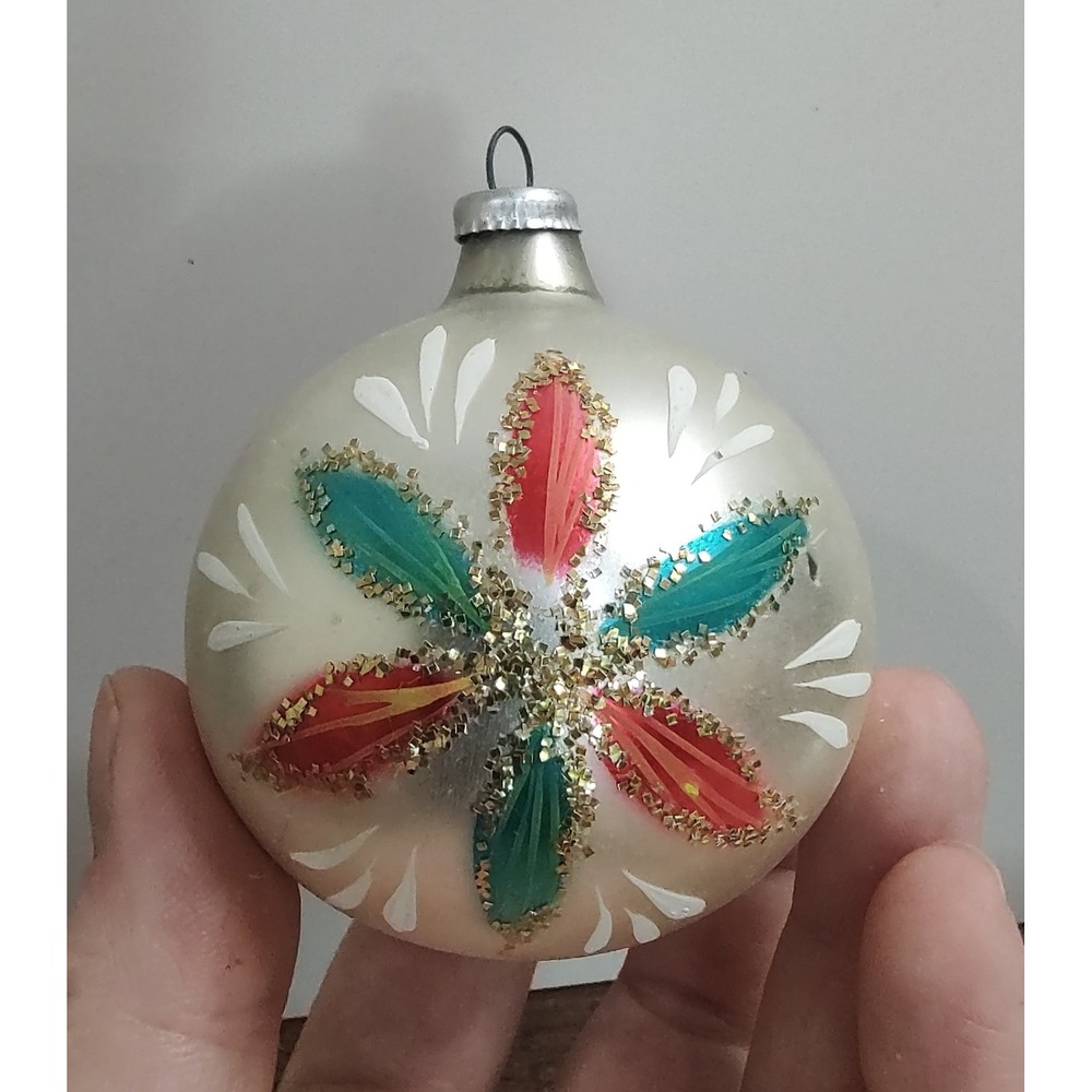 Vtg Hand Blown Hand Painted Glass Ornament Red Green White Flower Columbia A11